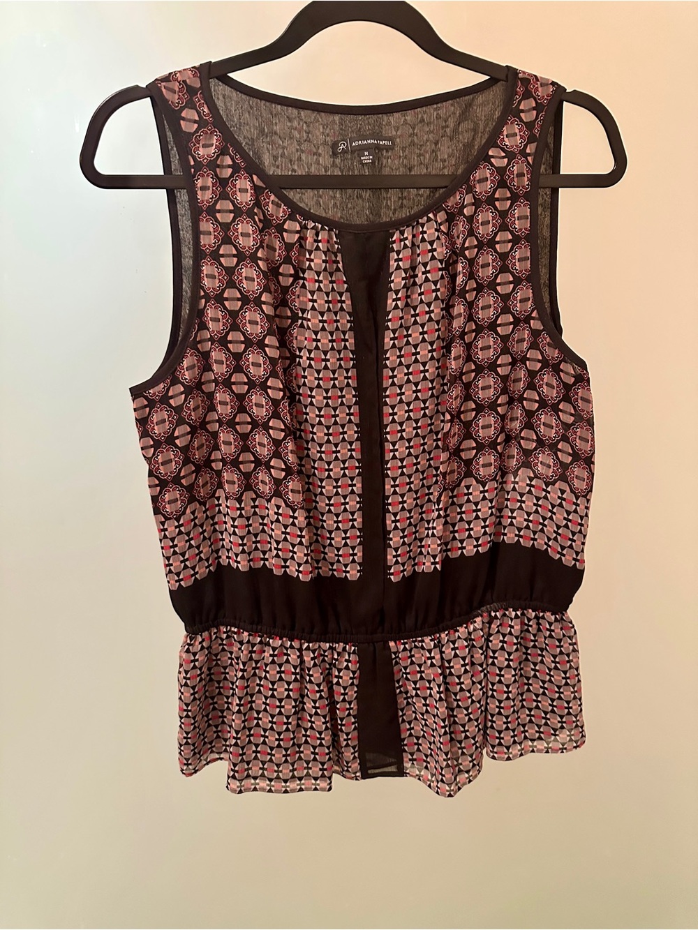 Adrianna Papell Pink and Black Sleeveless Peplum Blouse